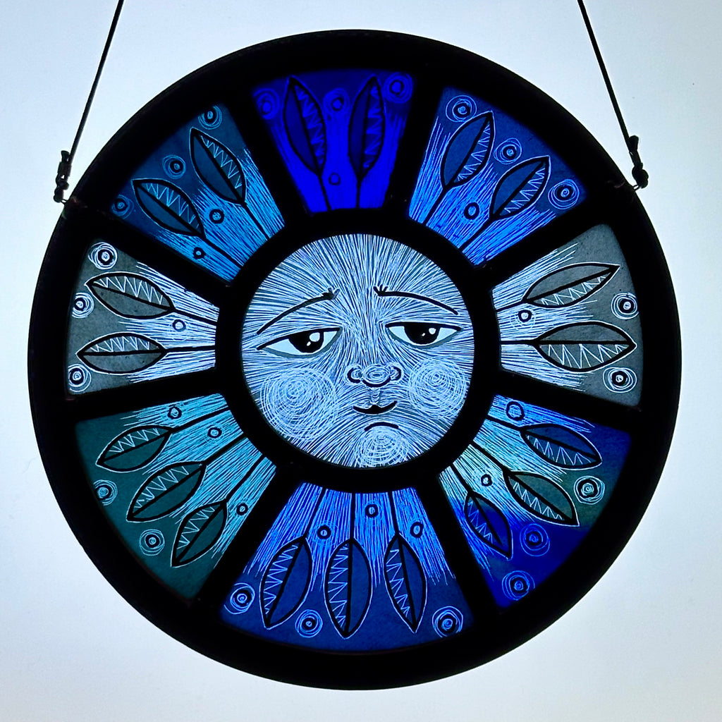 Stained Glass Round Face Panel ‘Blue Leaf Sgraffito’