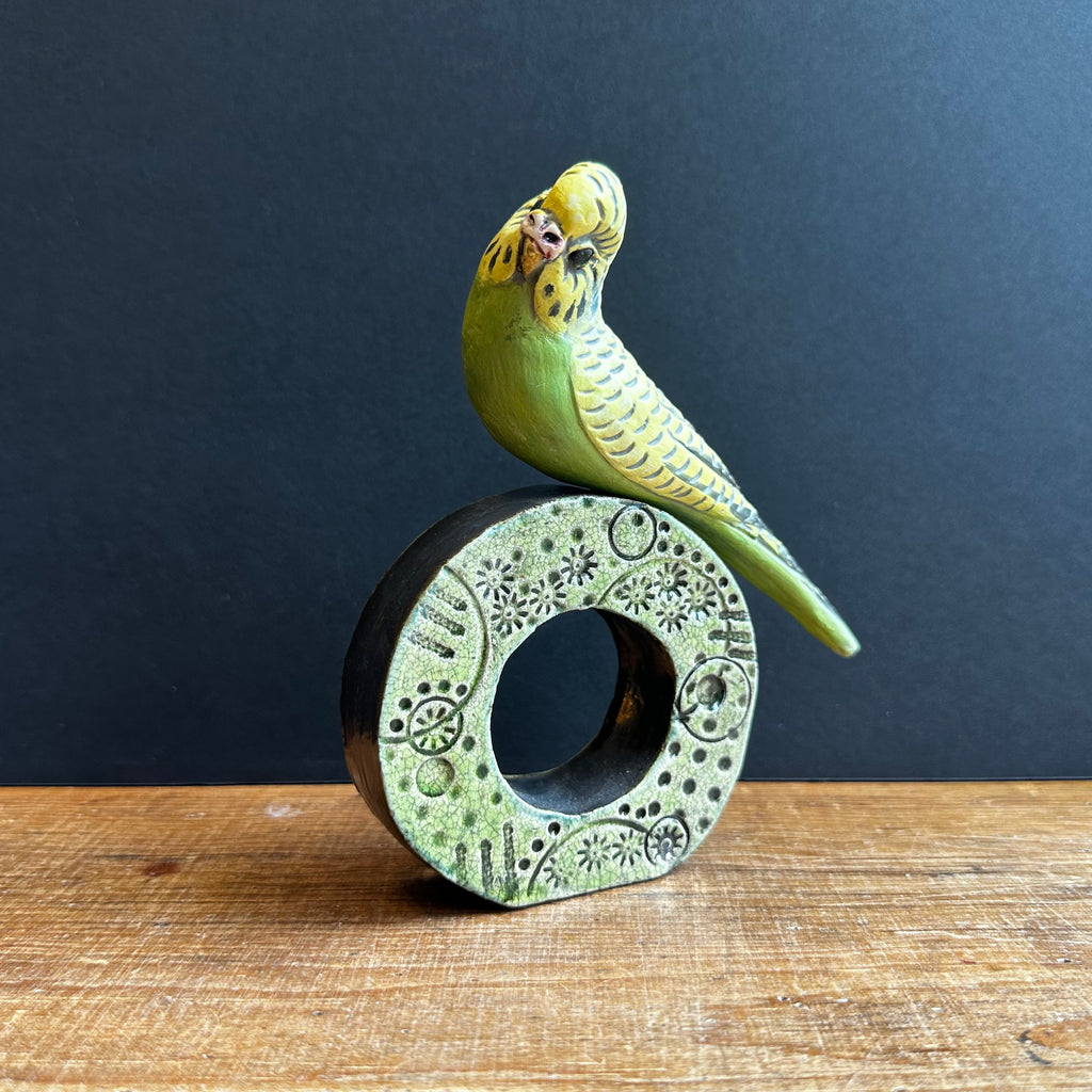 Large Green Budgie on a Hoop