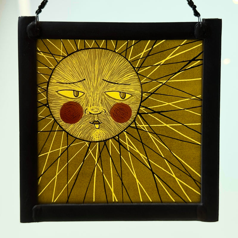 Stained Glass Medium Square Panel ‘Sun, Moon Rays’ (Yellow)