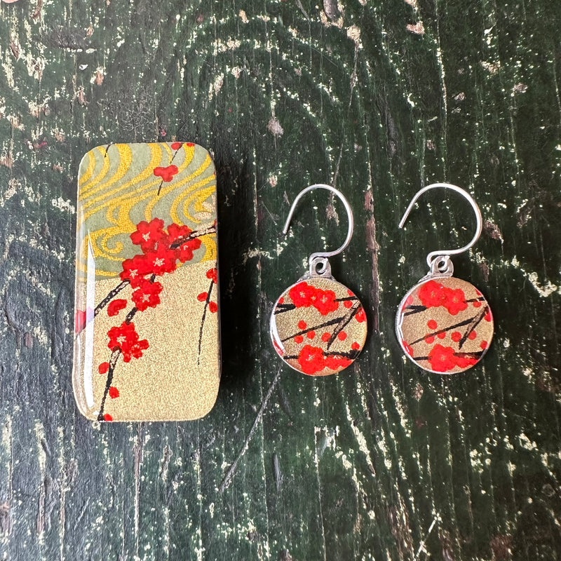 Sixpence Earrings & Teeny Tiny Tin Golden Blossom Red