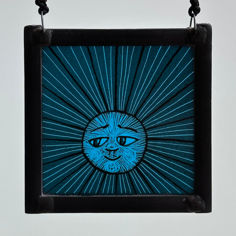 Stained Glass Small Square Panel ‘Sun, Moon Rays’ (Teal) #L