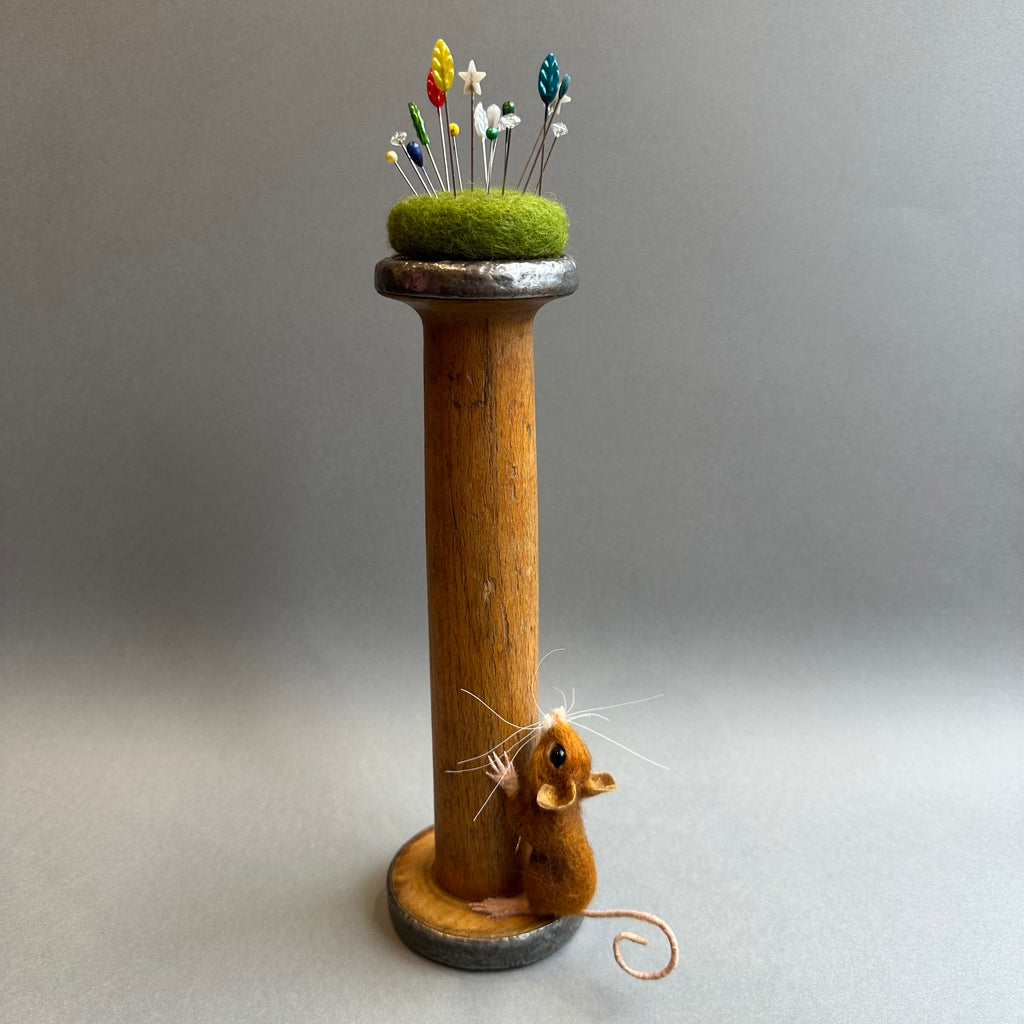 Needle Felted Mouse ‘Ginger’ Brown Mouse on a Bobbin with Green Pincushion