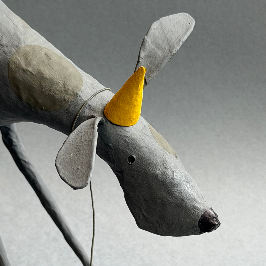 Paper Mache Sculpture ‘Zepher the Dog with Party Hat’
