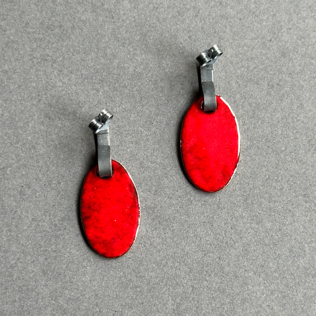 Earrings Red Enamel Oval Studs