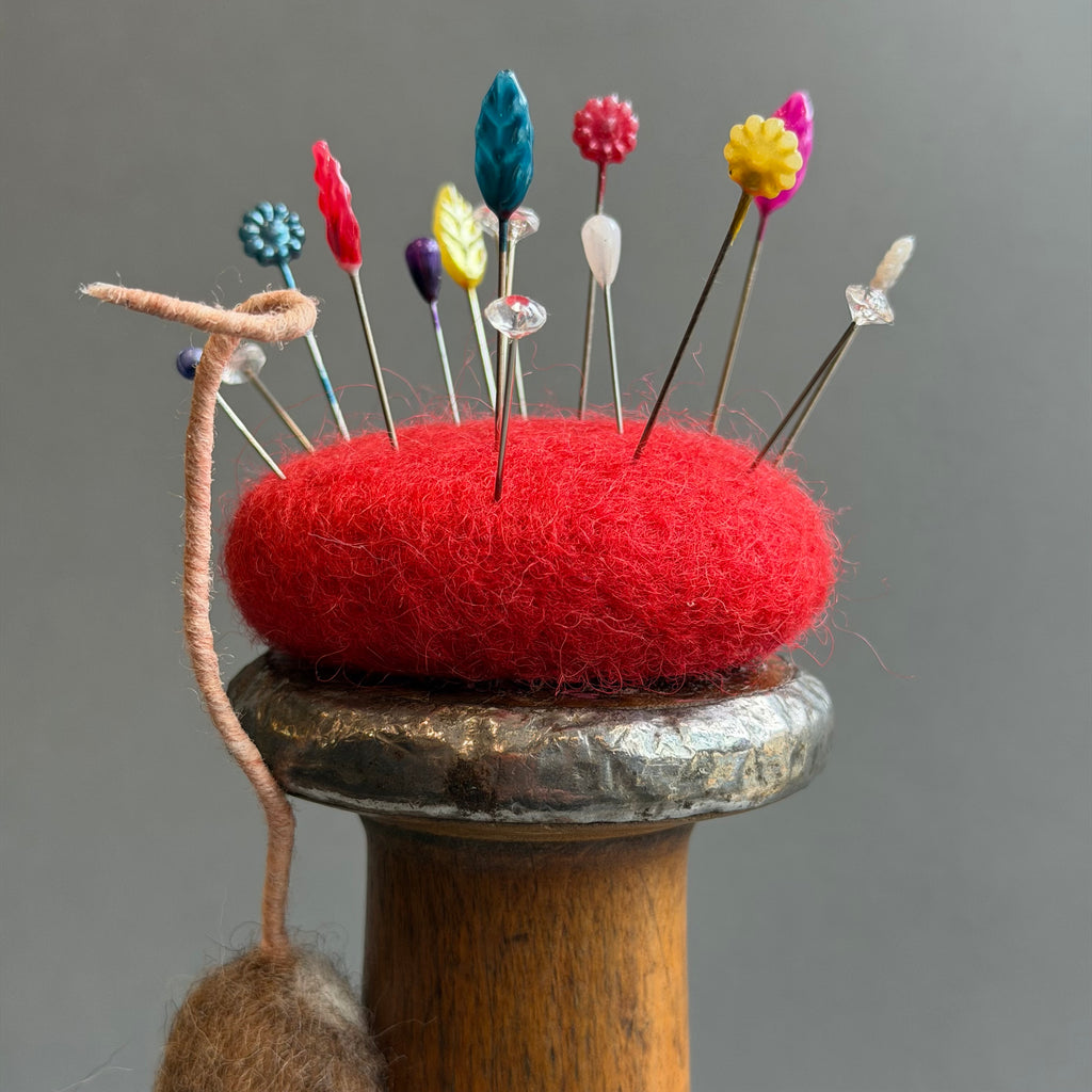 Needle Felted Mouse ‘Ruby’ Mouse on a Bobbin with Red Pincushion