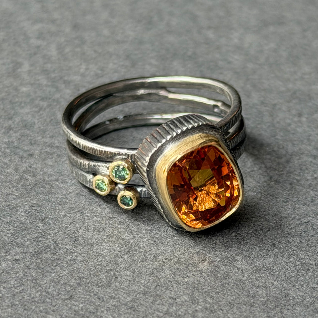 Ring - Triple Band - Oxidised Siver, Gold 14ct Sapphire, Teal diamonds