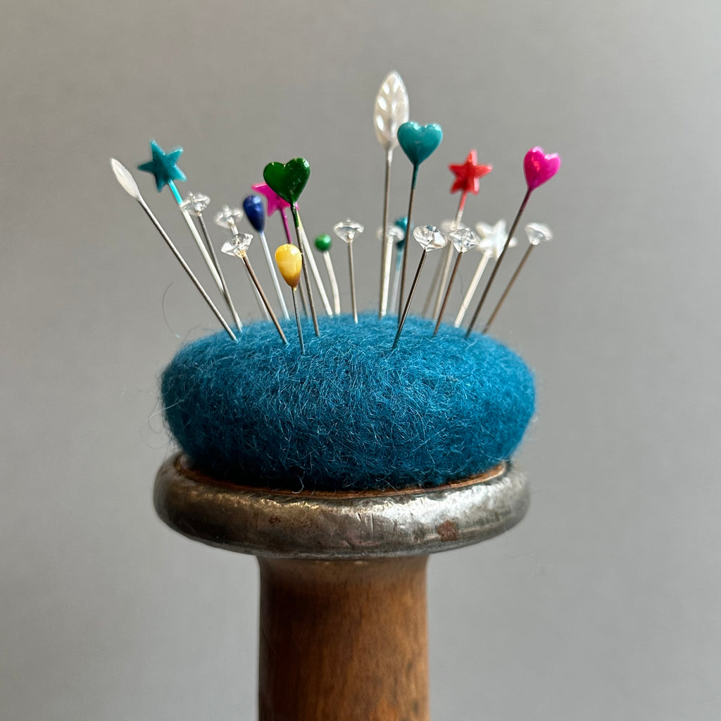 Needle Felted Mouse ‘Florence’ Brown Mouse on a Bobbin with Blue Pincushion