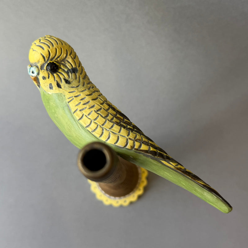 Ceramic Budgie - Single Perched on a Bobbin