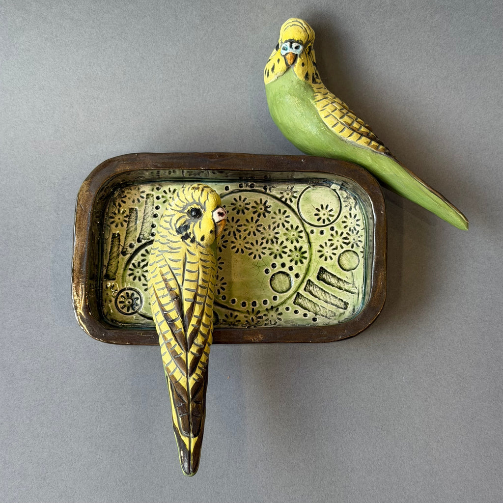Ceramic Budgie - Pair on a Rectangular Wall Piece - Medium