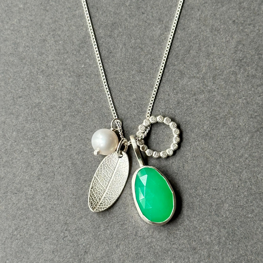 Leaf Charm Cluster Necklace with Chrysoprase