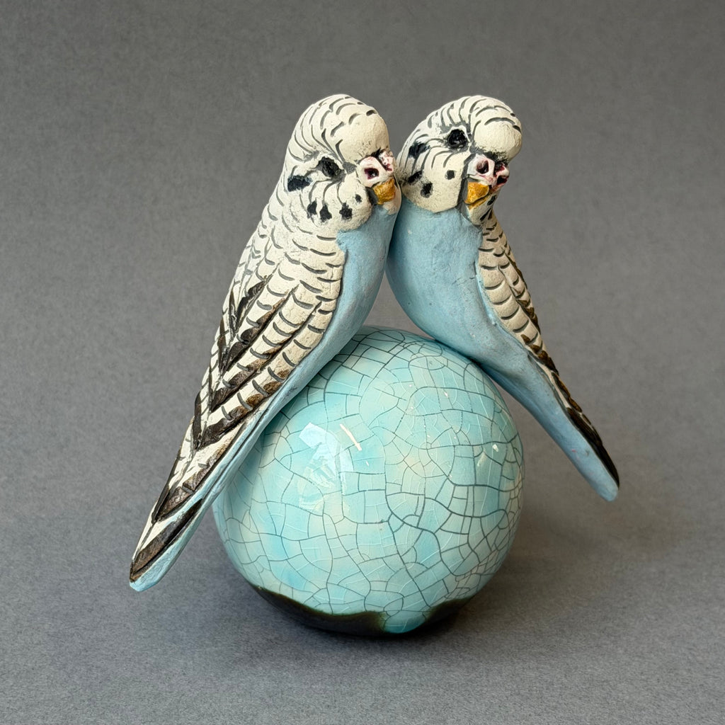 Ceramic Budgie - Pair on a Ball - Medium