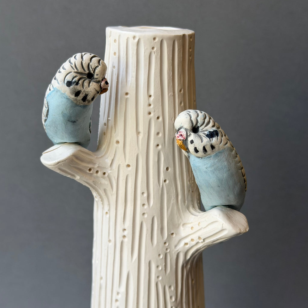 Ceramic Budgie - Triple on a Candlestick - Small