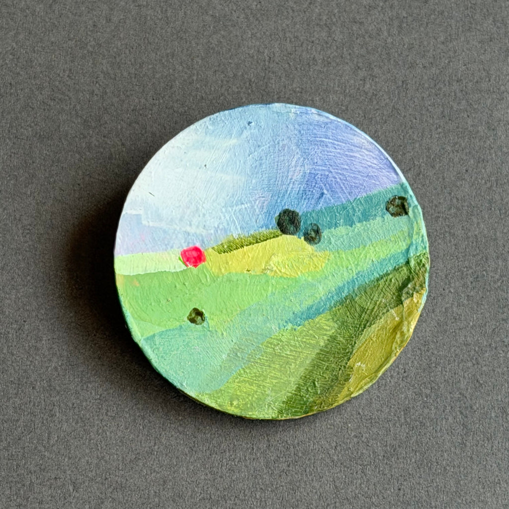 Hand-Painted Landscape Brooch - Round