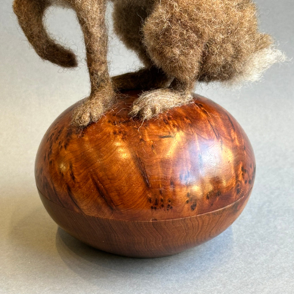Needle Felted Hare ‘Harriet’ on a Vintage Burr Wood Pot