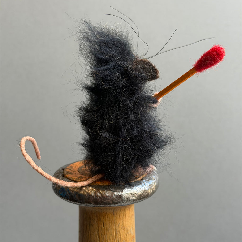 Needle Felted Mouse ‘Ozzy’ on a Bobbin with A Matchstick