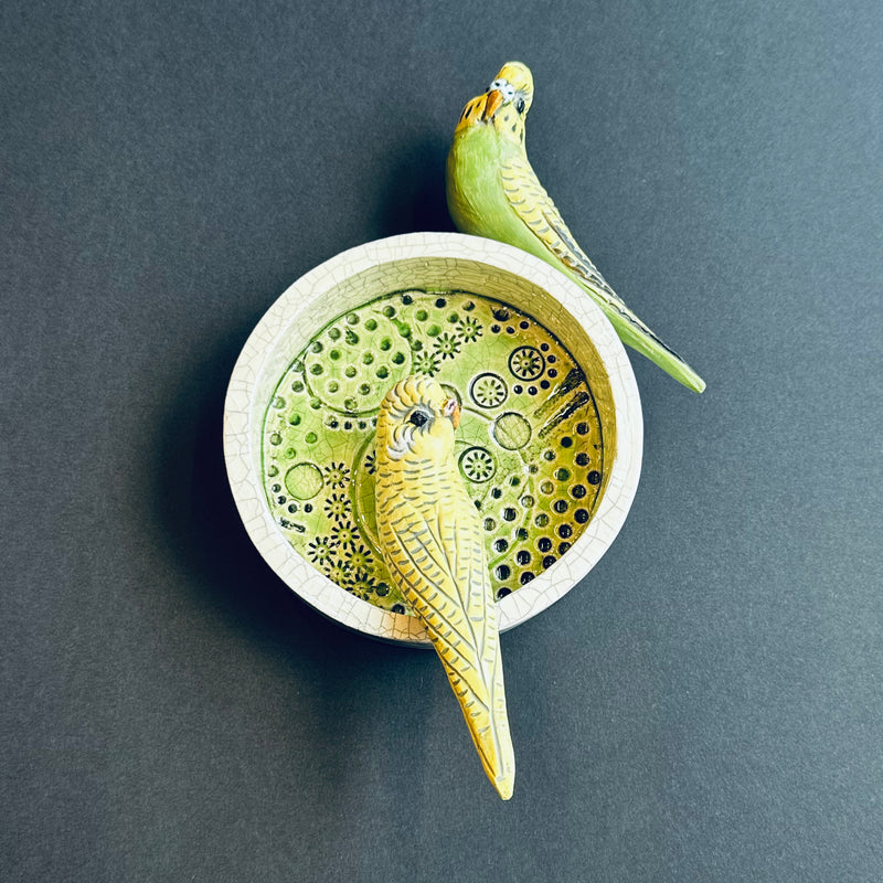 Green Budgies on a Round Wall Plaque