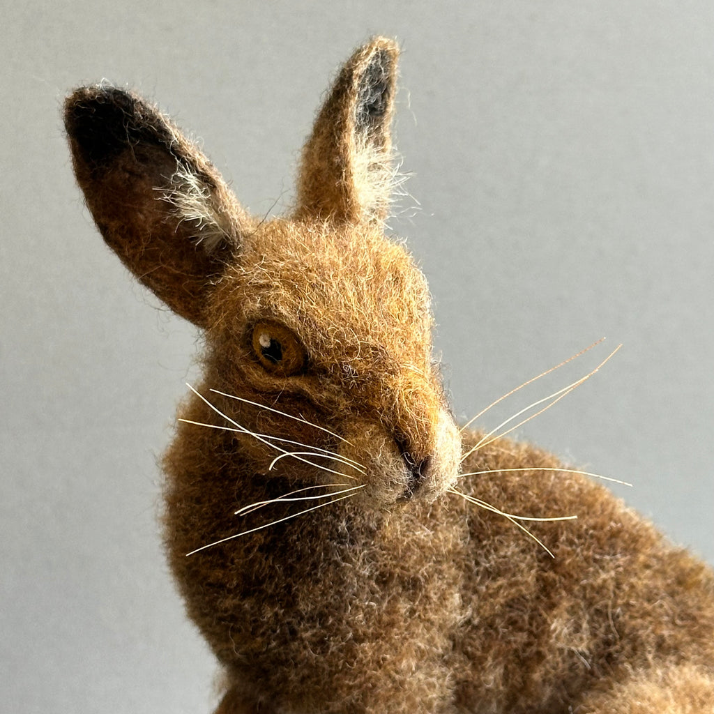 Needle Felted Hare ‘Harriet’ on a Vintage Burr Wood Pot