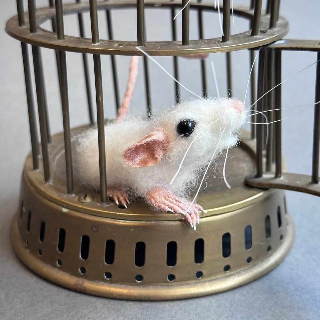 Needle Felted Sculpture ‘Theodorus & Benji’ on a Vintage Birdcage