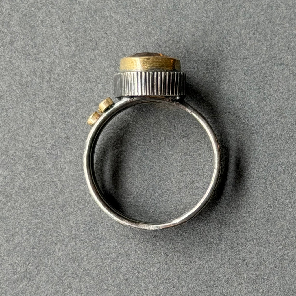 Ring - Triple Band - Oxidised Siver, Gold 14ct Sapphire, Teal diamonds