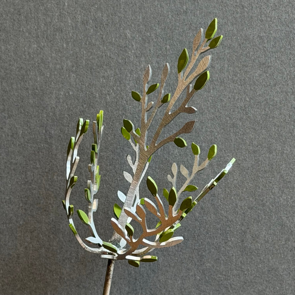 Sculpture - Sapling - Silver with Green Leaves