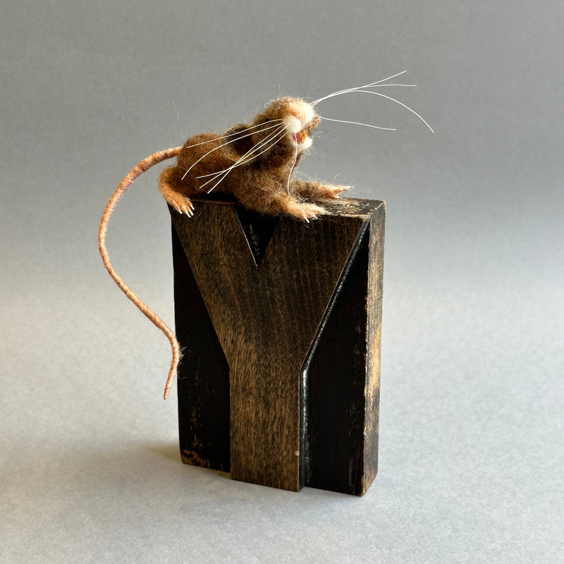 Needle Felted Mouse ‘Yawn’ on a Vintage Print Block