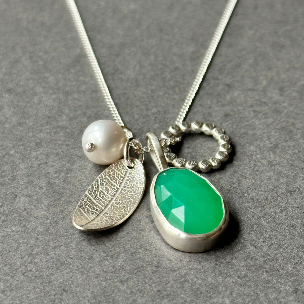 Leaf Charm Cluster Necklace with Chrysoprase
