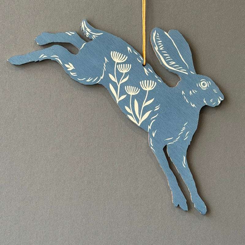 Screenprinted Wooden Decoration - Leaping Hare - Slate Blue
