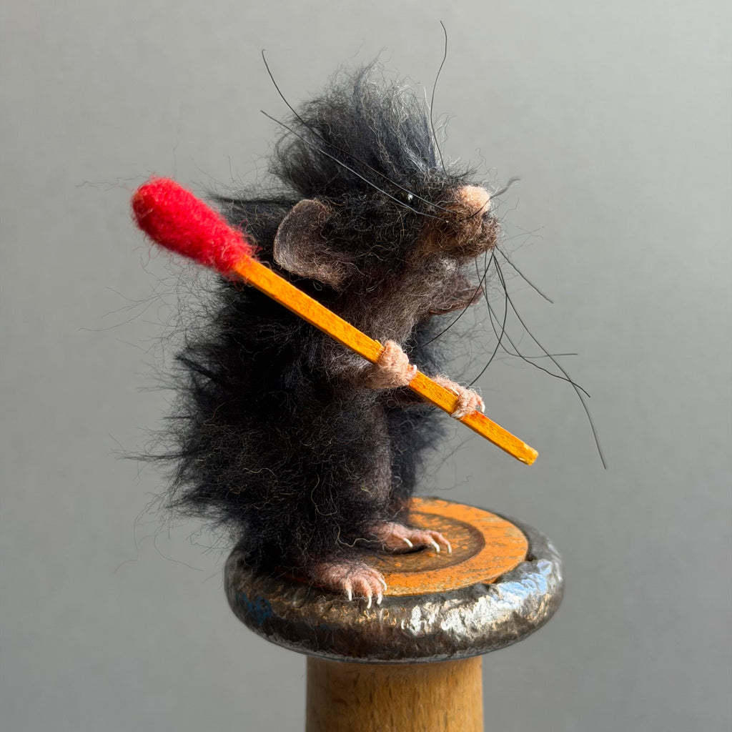 Needle Felted Mouse ‘Ozzy’ on a Bobbin with A Matchstick