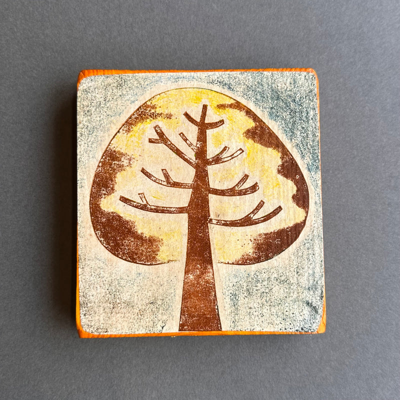 Collagraph Block ‘Tree’ Brown & Lemon/Blue/Grey/Orange
