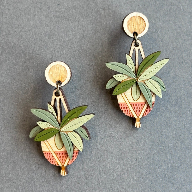 HPC Houseplant Drop Stud Earrings ‘Pink’