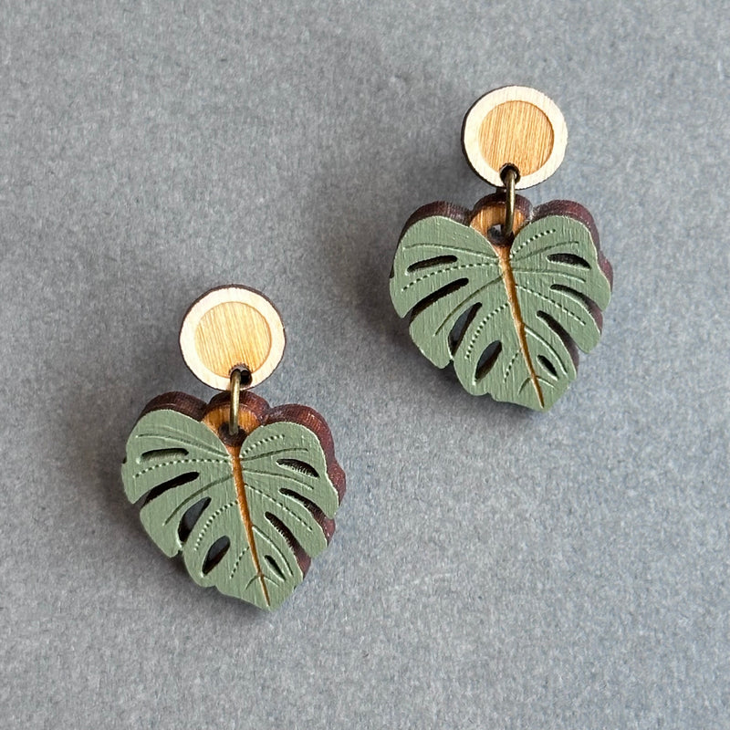 HPC Houseplant Drop Stud Earrings ‘Monstera Leaf’