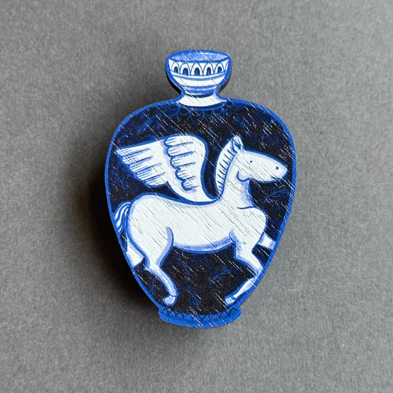 Wooden Pin Brooch - Greek Pottery Pegasus Vase