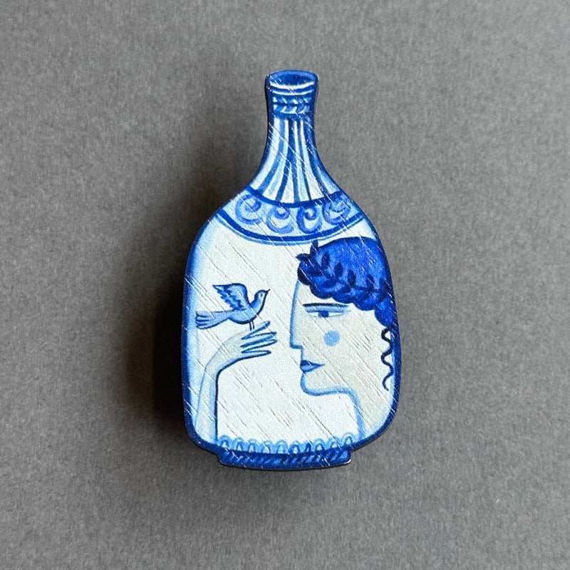 Wooden Pin Brooch - Greek Pottery Bird Vase