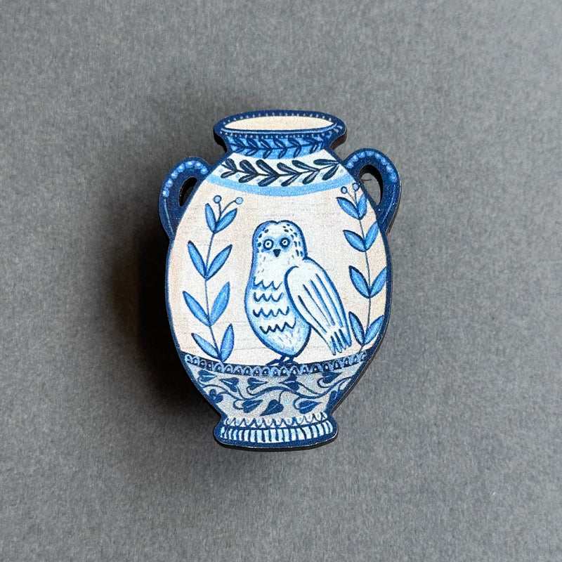 Wooden Pin Brooch - Greek Pottery Owl Vase