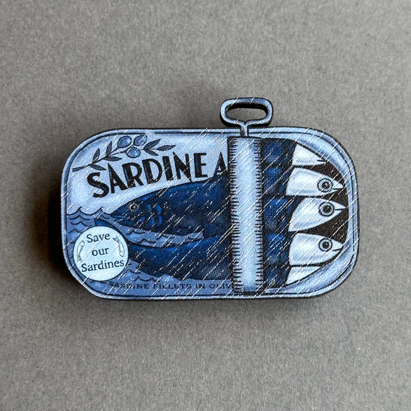 Wooden Pin Brooch - Nautical Sardines in a Tin