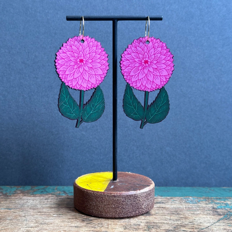 Wooden Statement Earrings - Flower Pink Dahlia