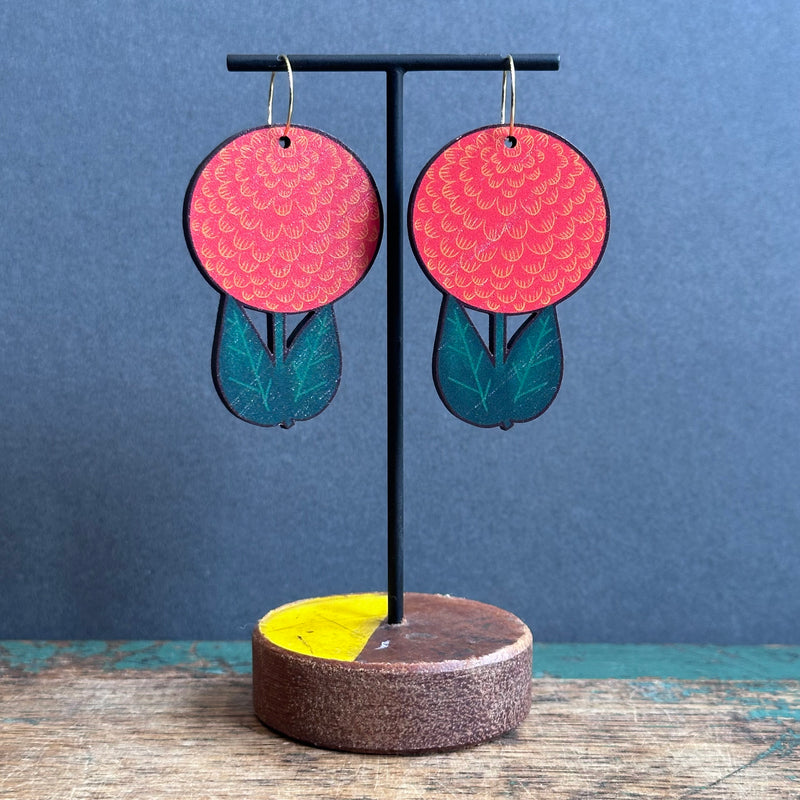 Wooden Statement Earrings - Flower Orange Dahlia