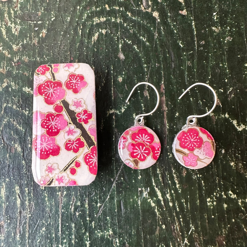 Sixpence Earrings & Teeny Tiny Tin Sunset Pink Blossom