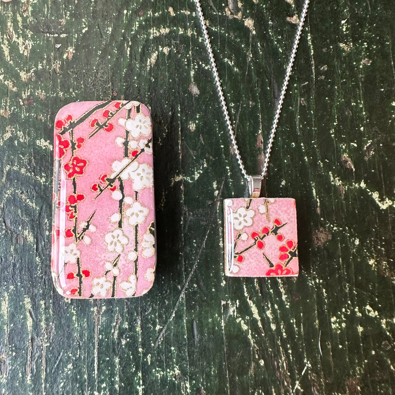 Scrabble Tile Pendant & Teeny Tiny Tin Sunset Pink Blossom