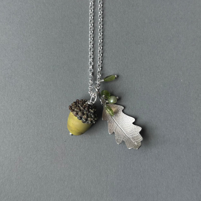 Small Silver Oak Leaf & Green Glass Acorn Necklace