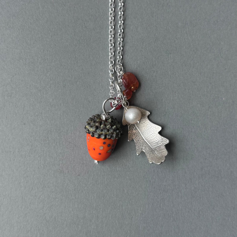 Large Silver Oak Leaf & Orange Glass Acorn Necklace