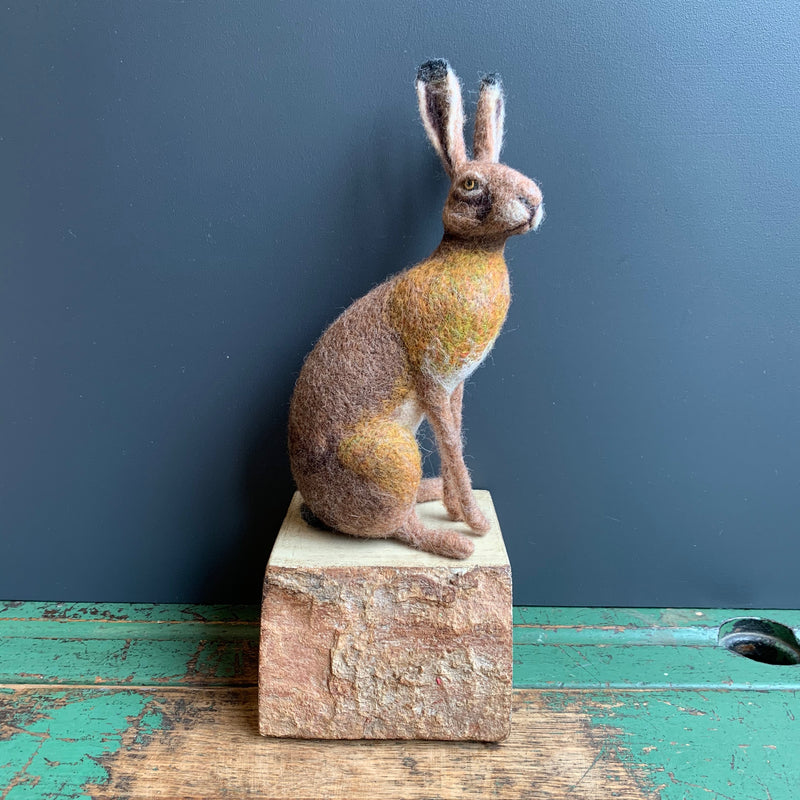 Needle Felted 'Small Sitting Hare' on Wooden Plinth