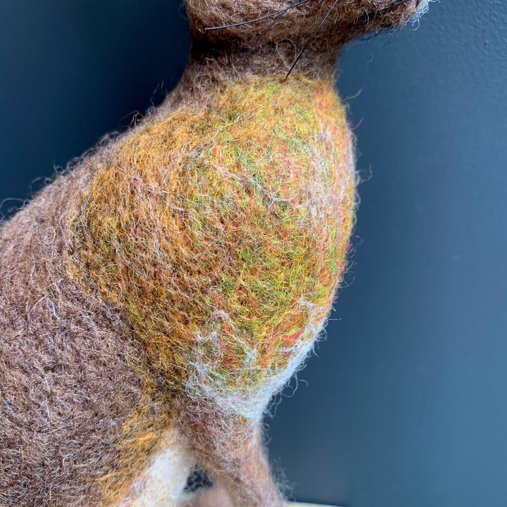 Needle Felted 'Small Sitting Hare' on Wooden Plinth