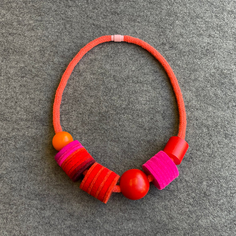 Industrial Felt, Wood & Rope Necklace 'Red/Pink'